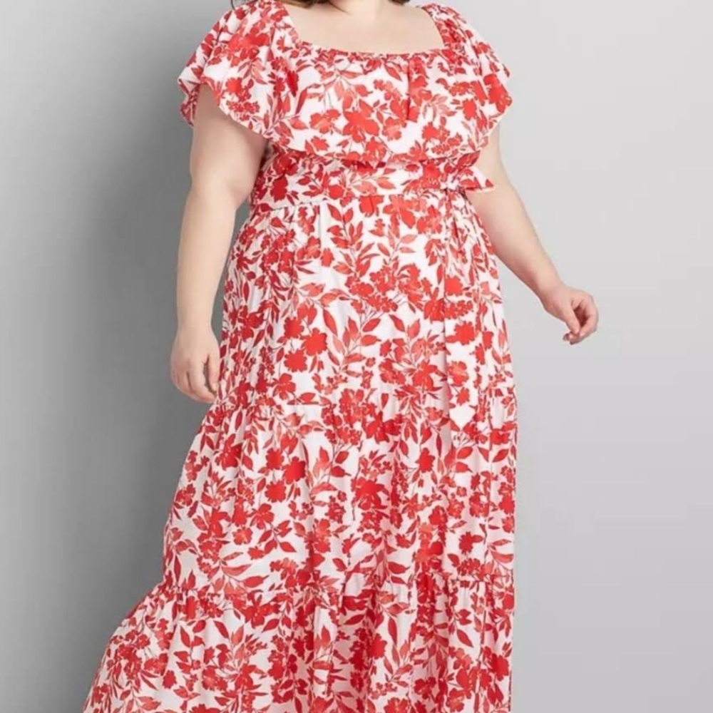 Lane Bryant Ruffle Maxi Dress Red and White Floral
